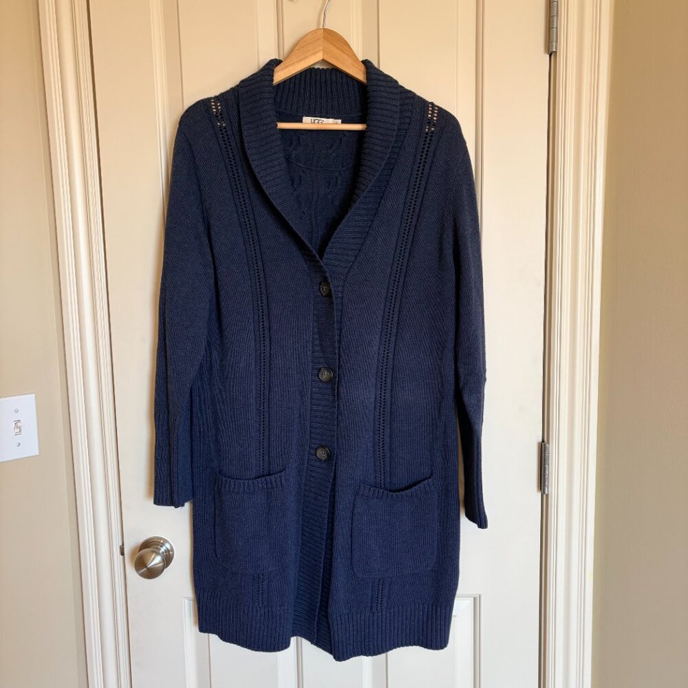 UGG XL Hayley Cardigan Navy Blue Heathered Chunky Cable Knit Sweater Cozy EUC - Picture 2 of 11